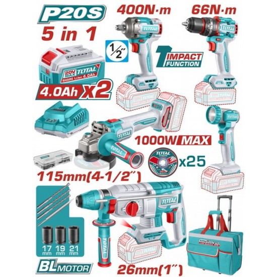 TOTAL ΕΠΑΓΓ. ΣΕΤ 5τεμ ΕΡΓΑΛΕΙΩΝ ΜΠΑΤ. Li-ion 20V / 4Ah / 2 ΜΠΑΤΑΡΙΕΣ (TCKLI20592E) ΔΙΑΦΟΡΑ