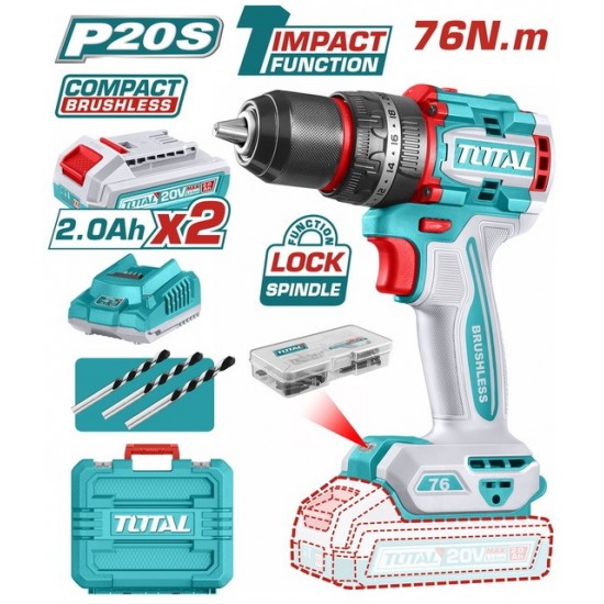TOTAL ΕΠΑΓΓ. ΔΡΑΠ/ΒΙΔΟ ΚΡΟΥΣΤΙΚΟ ΜΠΑΤ. Li-ion 20V / 2Ah / 76Nm / 2 ΜΠΑΤ BL Motor (TIDLI20768E) ΔΡΑΠΑΝΟΚΑΤΣΑΒΙΔΑ