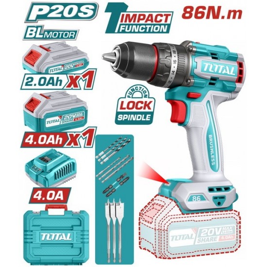 TOTAL ΕΠΑΓΓ. ΔΡΑΠ/ΒΙΔΟ ΚΡΟΥΣΤΙΚΟ ΜΠΑΤ. Li-ion 20V / 2Ah+4Ah / 86Nm / 2 ΜΠΑΤ BL Motor (TIDLI20868E) ΔΡΑΠΑΝΟΚΑΤΣΑΒΙΔΑ