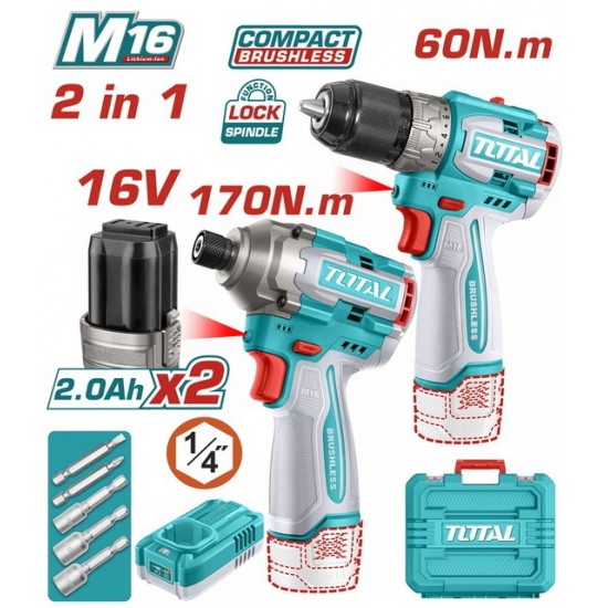 TOTAL ΣΕΤ ΕΠΑΓΓ. ΔΡΑΠ/ΒΙΔΟ 60Nm + ΠΑΛΜΙΚΟ ΚΑΤΣΑΒΙΔΙ 170Nm ΜΠΑΤ. Li-ion 16V/2Ah/2 ΜΠΑΤ (TOSLI240968) ΕΠΑΓΓΕΛΜΑΤΙΚΑ ΣΕΤ