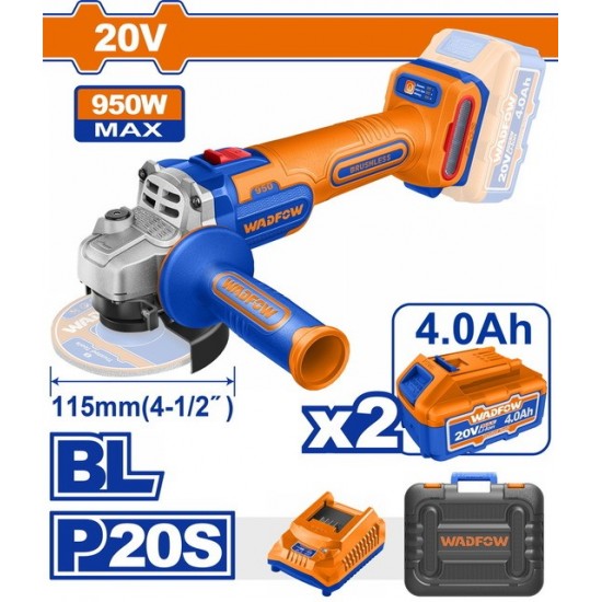WADFOW ΣΕΤ ΓΩΝΙΑΚΟΣ ΤΡΟΧΟΣ 115mm ΜΠΑΤ. Li-ion 20V / 950W / 4Ah / 2 ΜΠΑΤ BL Motor (WLAP5322E) ΤΡΟΧΟΙ