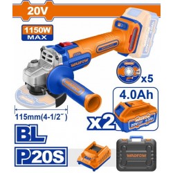 WADFOW ΣΕΤ ΓΩΝΙΑΚΟΣ ΤΡΟΧΟΣ 115mm ΜΠΑΤ. Li-ion 20V / 1150W / 4Ah / 2 ΜΠΑΤ BL Motor (WLAPB522E)