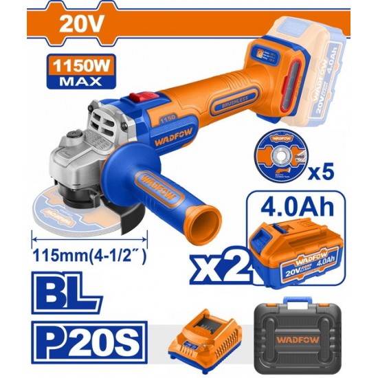 WADFOW ΣΕΤ ΓΩΝΙΑΚΟΣ ΤΡΟΧΟΣ 115mm ΜΠΑΤ. Li-ion 20V / 1150W / 4Ah / 2 ΜΠΑΤ BL Motor (WLAPB522E) ΤΡΟΧΟΙ WADFOW ΣΕΤ ΓΩΝΙΑΚΟΣ ΤΡΟΧΟΣ 115mm ΜΠΑΤ. Li-ion 20V / 1150W / 4Ah / 2 ΜΠΑΤ BL Motor (WLAPB522E) ΤΡΟΧΟΙ